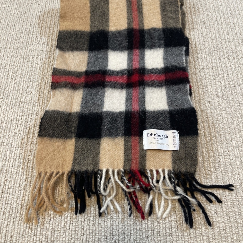 Edinburgh 100% Lambswool Scarf Plaid Fringe Modern 9x58